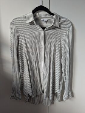 Sage Green and White Striped Women's Button-Up Blouse